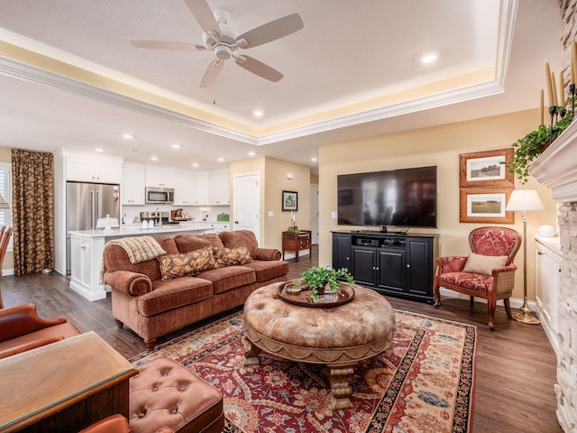 living area featuring dark wood-type flooring, a tray ceiling, recessed lighting, a fireplace, and baseboards