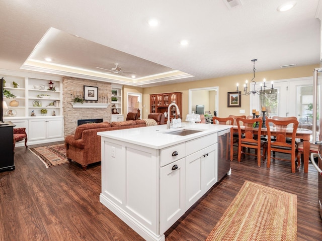 kitchen featuring a sink, a tray ceiling, stainless steel dishwasher, and dark wood-style floors