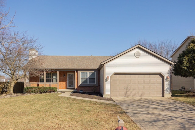 ranch-style home with a front yard, covered porch, concrete driveway, a garage, and brick siding