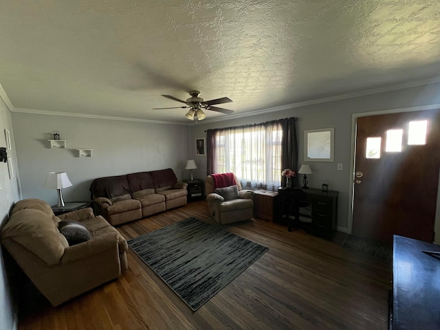 living area featuring a textured ceiling, wood finished floors, and ornamental molding