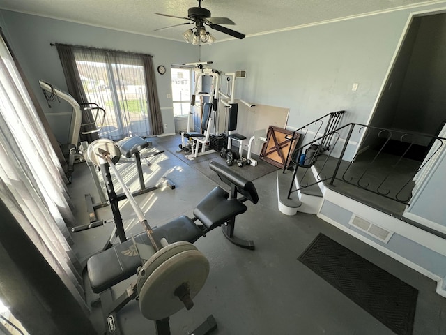 workout area with visible vents, ornamental molding, a textured ceiling, baseboards, and ceiling fan