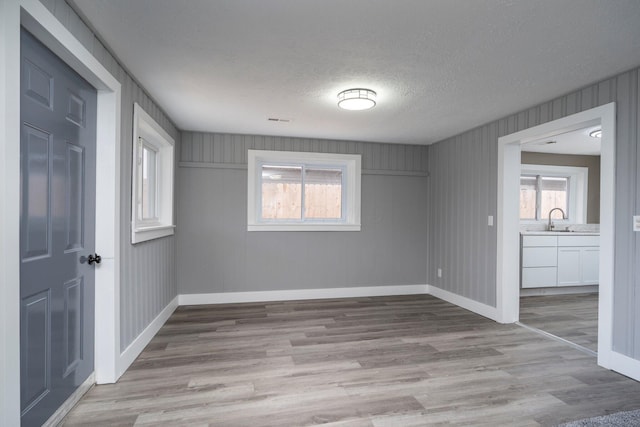 spare room featuring plenty of natural light, a sink, light wood-style flooring, and a textured ceiling