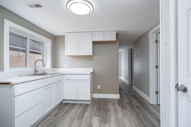 kitchen featuring light wood finished floors, white cabinetry, visible vents, and a sink