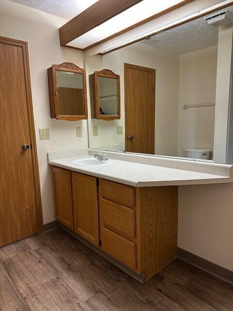 bathroom with a textured ceiling, wood finished floors, vanity, and baseboards