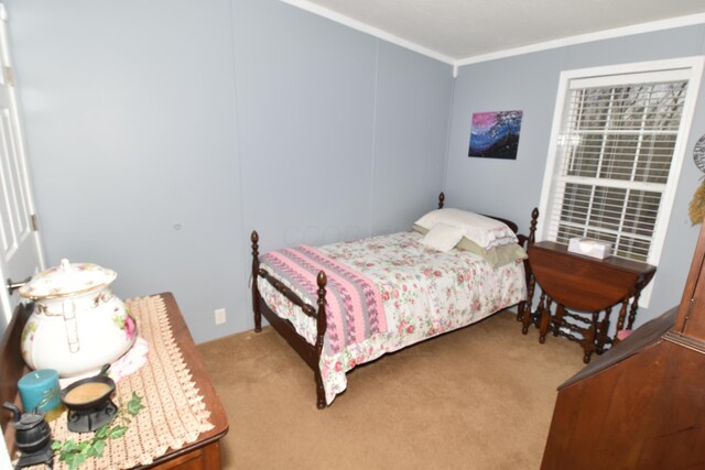 bedroom featuring carpet flooring and crown molding