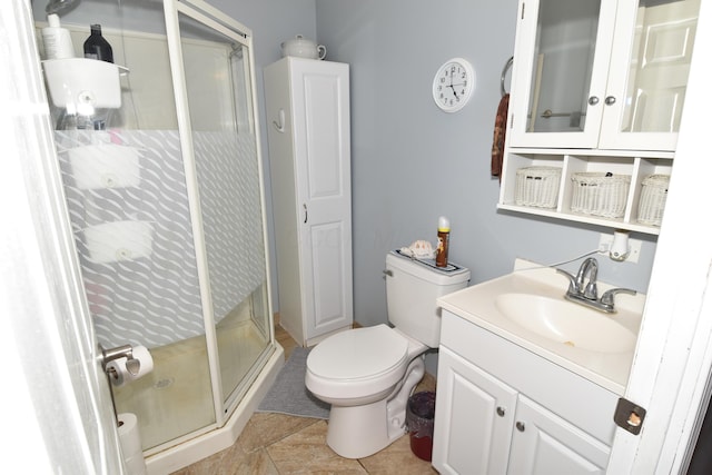 bathroom featuring a stall shower, vanity, and toilet