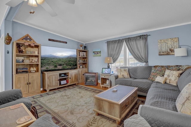 living room with a ceiling fan, light wood-type flooring, lofted ceiling, and ornamental molding