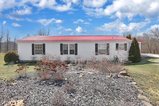 view of front of home featuring a front lawn and metal roof