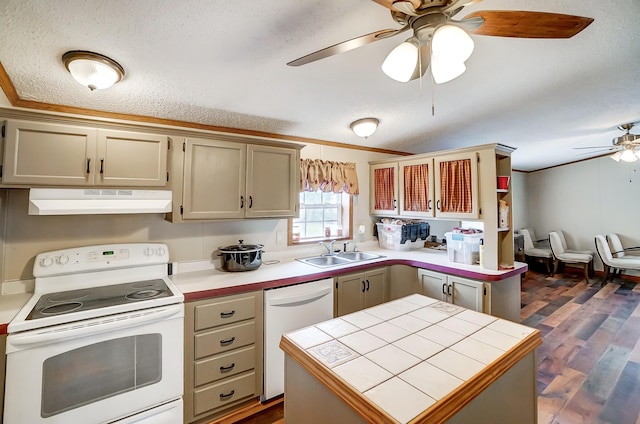 kitchen with under cabinet range hood, white appliances, a sink, ornamental molding, and tile counters