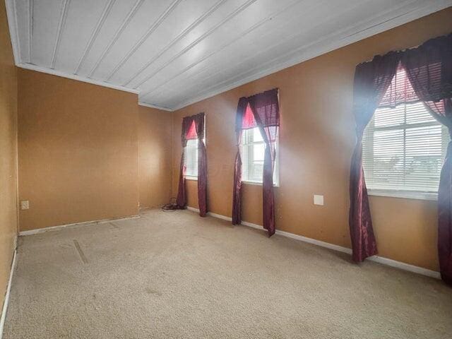 carpeted spare room with baseboards and crown molding
