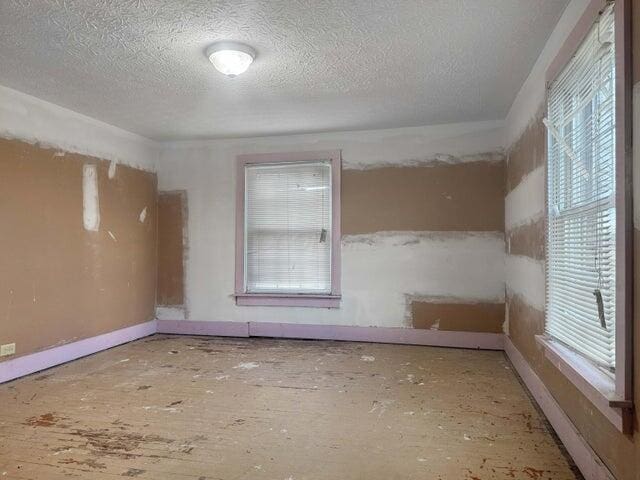 empty room featuring a wealth of natural light, a textured ceiling, and baseboards