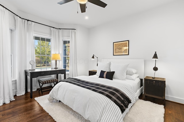 bedroom featuring recessed lighting, a ceiling fan, baseboards, and wood finished floors