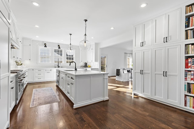 kitchen featuring double oven range, dark wood-style flooring, a sink, light countertops, and white cabinets