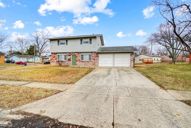 view of front of house with a front lawn, fence, and brick siding