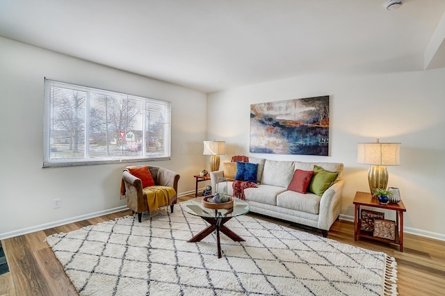 living area with baseboards and wood finished floors