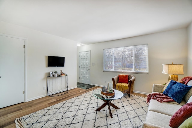 living area featuring baseboards and wood finished floors