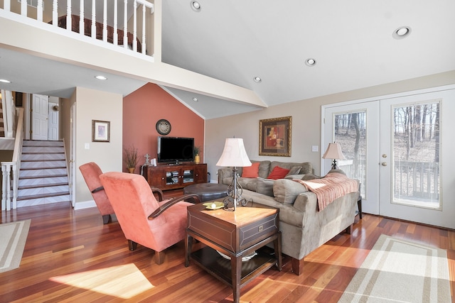 living room featuring recessed lighting, stairway, wood finished floors, and french doors