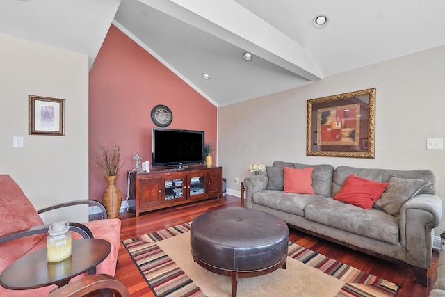 living room with recessed lighting, baseboards, wood finished floors, and vaulted ceiling