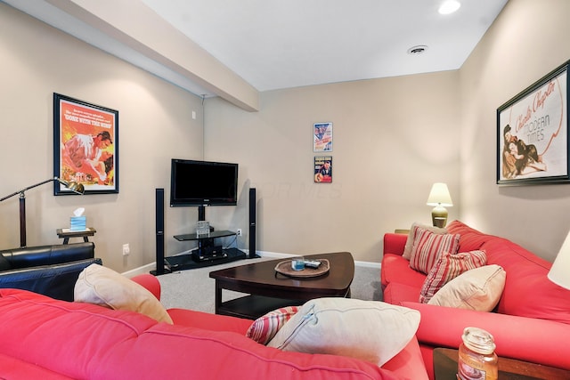 living room featuring visible vents, baseboards, beam ceiling, recessed lighting, and carpet flooring