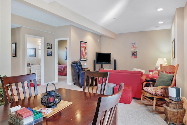 dining room featuring beamed ceiling, recessed lighting, baseboards, and carpet floors