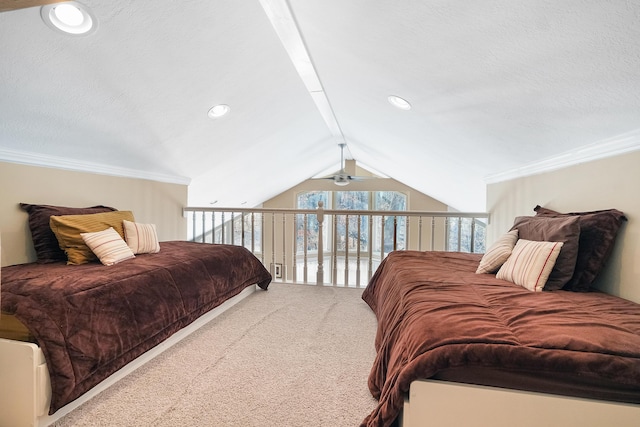 bedroom with a textured ceiling, recessed lighting, carpet flooring, crown molding, and lofted ceiling