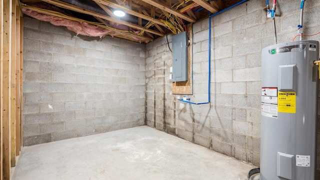 unfinished basement with water heater and electric panel