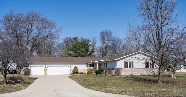 ranch-style home featuring brick siding, a front lawn, concrete driveway, and an attached garage