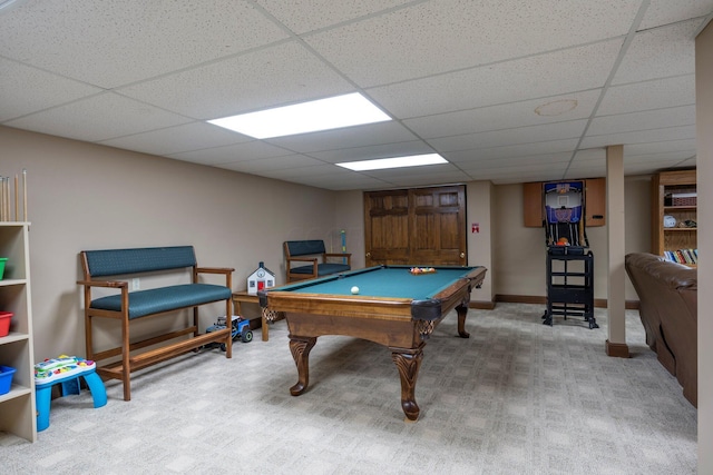 recreation room with baseboards, carpet floors, a paneled ceiling, and billiards