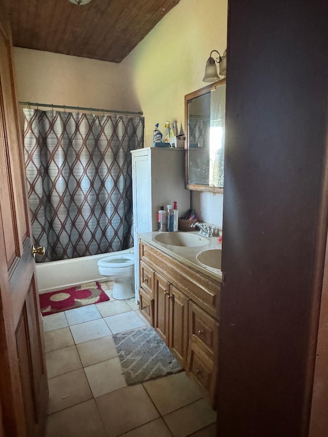 full bath featuring wooden ceiling, toilet, shower / tub combo, vanity, and tile patterned floors