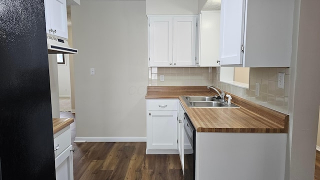 kitchen with dark wood-style flooring, wood counters, black dishwasher, and a sink