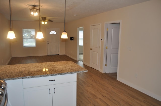 kitchen with a ceiling fan, white cabinetry, light stone countertops, and wood finished floors