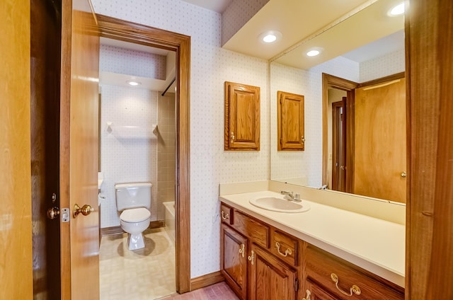 full bath with toilet, shower / washtub combination, wallpapered walls, baseboards, and vanity