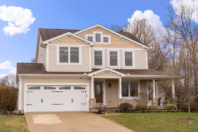 view of front of property featuring an attached garage, concrete driveway, a front lawn, and a shingled roof