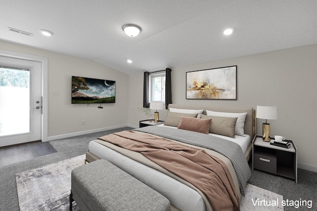 bedroom featuring lofted ceiling, visible vents, baseboards, and recessed lighting