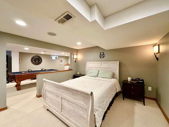 bedroom with recessed lighting, light colored carpet, pool table, visible vents, and baseboards