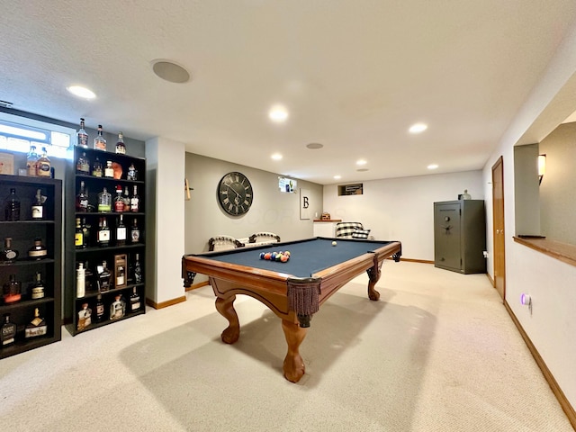 playroom with a textured ceiling, recessed lighting, light carpet, billiards, and baseboards