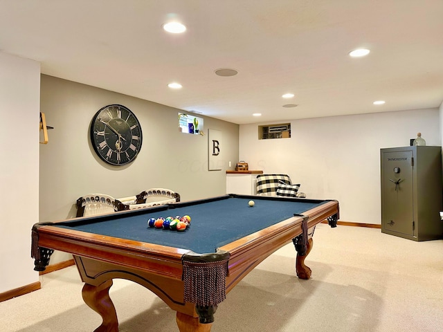 recreation room featuring baseboards, carpet floors, and recessed lighting