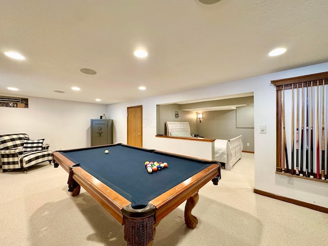 recreation room featuring recessed lighting, pool table, and baseboards