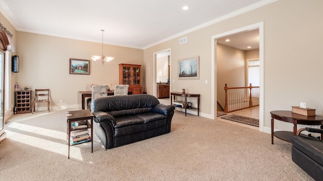 carpeted living room with visible vents, baseboards, a notable chandelier, and crown molding