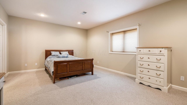 carpeted bedroom with visible vents, recessed lighting, and baseboards