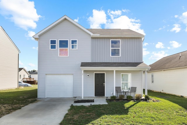 traditional home with a porch, a garage, a front lawn, and board and batten siding