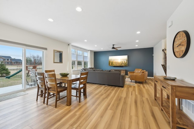 dining room with recessed lighting, ceiling fan, and light wood finished floors