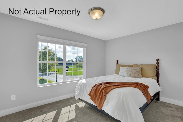 bedroom with carpet floors, visible vents, and baseboards