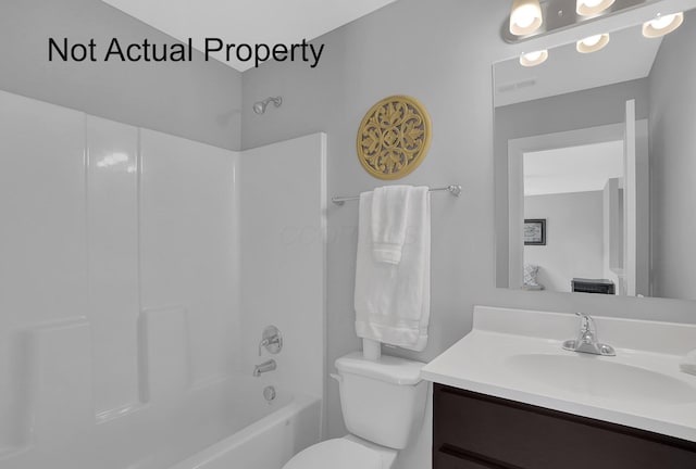 bathroom featuring toilet, shower / bathtub combination, visible vents, and vanity