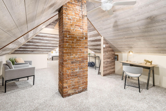 carpeted office space with lofted ceiling and wooden ceiling