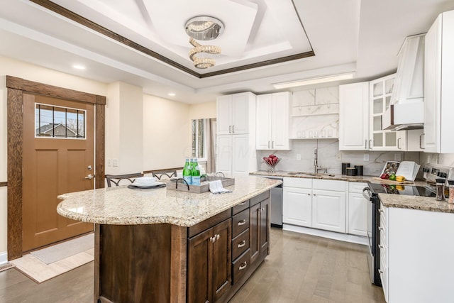 kitchen with dark brown cabinetry, white cabinets, appliances with stainless steel finishes, a center island, and a raised ceiling