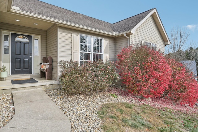 doorway to property with a shingled roof