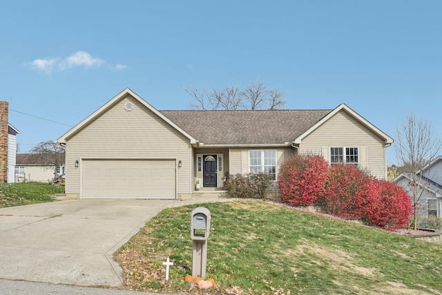 ranch-style home featuring a garage, a front yard, roof with shingles, and driveway