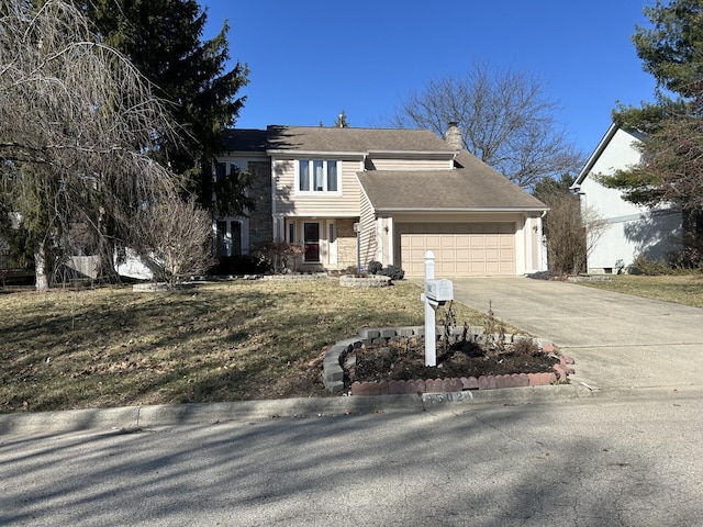 view of front of home with an attached garage, a chimney, and driveway