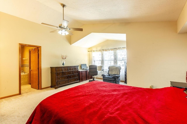 carpeted bedroom featuring a ceiling fan, baseboards, vaulted ceiling, and a textured ceiling
